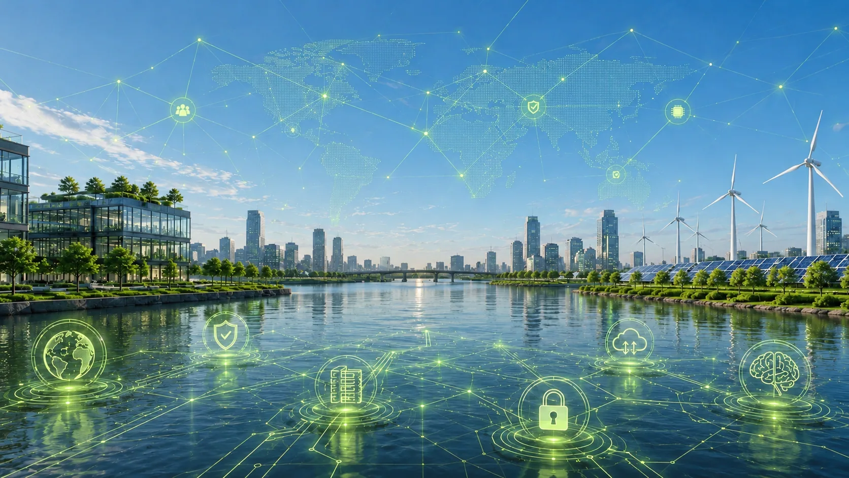 Nachhaltige Smart-City-Skyline am Wasser mit globalem Datennetz das Werbevideo der oceans Group